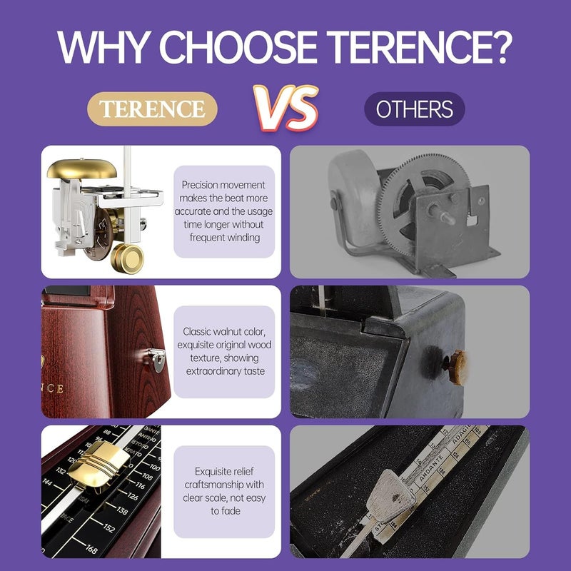 TERENCE Mechanical Metronomes for Piano Guitar Violin Bass Drum and Other Musical Instruments Loud Sound and High Precision Track Beat and Tempo for Beginners (Wood Grain) - Image 4